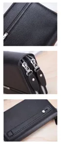 Herren schwarze lange Geldbörse Leder Textur Doppelreißverschluss Business Tasche Detail.