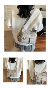 Grijze retro schoudertas met meerdere vakken, casual tas detailweergave erg prachtig.