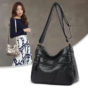 Soft leather crossbody shoulder bag for women, large capacity multi-pocket design, daily use.