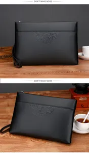 Men's black soft leather business clutch bag, large capacity wallet and wrist bag for daily use.