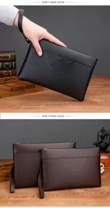Men's soft leather business clutch bag with wrist strap, large capacity casual wallet.