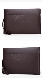 Men's soft leather clutch bag business wristlet large capacity dark brown wallet purse