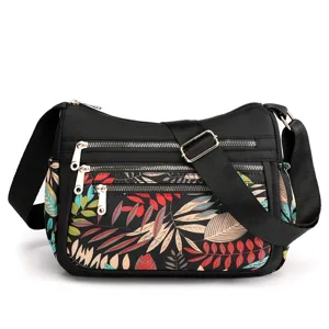 Women Nylon Crossbody Bag Multi-Pocket Zipper Shoulder Bag Casual Floral Printed Daily Messenger Bag Handbag