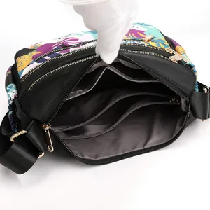 Women nylon multi-pocket crossbody bag colorful abstract print casual shoulder bag