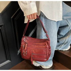 Vintage rode multi-pocket schoudertas voor vrouwen casual PU lederen crossbody