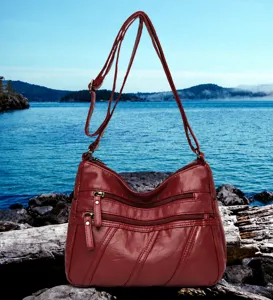Women soft leather shoulder bag multi pocket vintage casual crossbody bag dark red style
