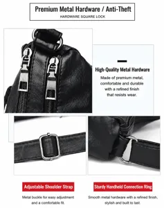 Detail view of black soft leather crossbody bag hardware, smooth metal zippers and buckles.