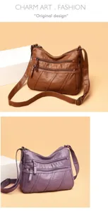 Detail view of women washed soft leather shoulder crossbody bag with multi zipper compartments.