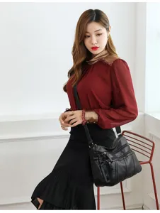 Stylish washed soft leather crossbody bag for women, multi-pocket casual shoulder bag.