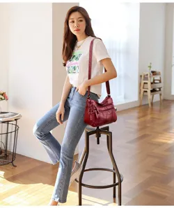 Washed soft leather women shoulder bag multi-zipper crossbody handbag casual daily use