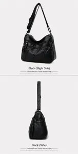 Black soft leather crossbody bag for women, stylish multi-pocket casual shoulder bag.