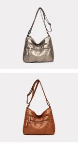 Women washed soft leather shoulder bag multi-pocket crossbody bag vintage style daily use
