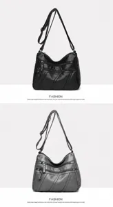 Women washed soft leather shoulder crossbody bag casual multi-pocket daily handbag black grey