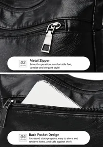 Black washed soft leather cross-body bag detail, showing smooth metal zipper pull and back pocket.