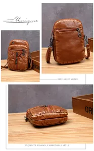 Vista detallada del bolso bandolera de mujer en piel lavada retro con diseño acolchado.