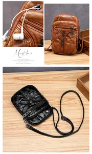 Bolso bandolera de mujer de cuero suave lavado retro, bolso de teléfono móvil casual multibolsillo.