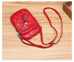 Bolso de cuero suave lavado rojo para mujer, bolso de teléfono acolchado con múltiples cremalleras.