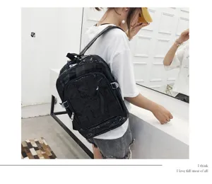 Detailed view of a black glossy PVC backpack, large capacity and stylish design for daily use.