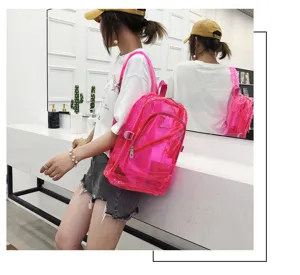 Transparent pink PVC jelly backpack detail, stylish waterproof school bag for students daily use.