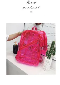Clear pink PVC backpack detail showing transparent jelly material and front zipper pocket.