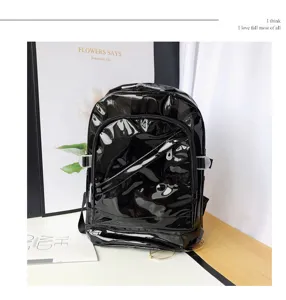 Black PVC glossy backpack detail showing large capacity design and simple student style.