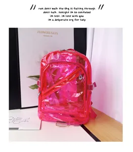 Transparent pink PVC backpack detail, jelly style school bag with zipper pocket and large capacity.