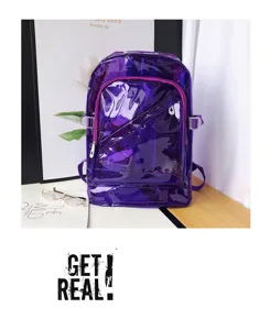 Transparent purple PVC backpack for women and men, waterproof jelly school book bag style.