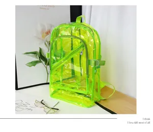 Clear waterproof PVC transparent backpack, neon green stylish daypack for students, large casual bag.