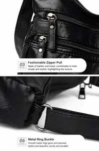 Detail view of women's soft leather shoulder bag, highlighting smooth zippers and hardware.