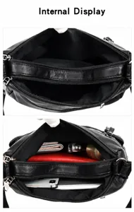 Black faux leather crossbody shoulder bag interior display showing multi-pocket storage.