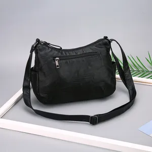 Women black soft leather shoulder bag casual crossbody handbag with adjustable strap daily use