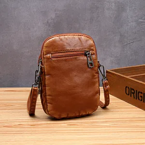 Bolso bandolera de mujer de cuero suave lavado vintage bolso de teléfono casual