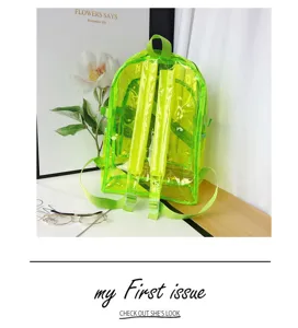 Transparent fluorescent green PVC backpack detail view, waterproof casual school daypack