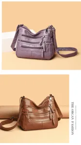 Multi-pocket soft leather shoulder bag, casual crossbody bag for women, multi-zipper design.