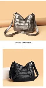 Casual multi-zipper soft leather shoulder bag for women, stylish crossbody washed leather purse.