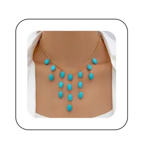 Vintage turquoise oval bead pendant tassel necklace for women.