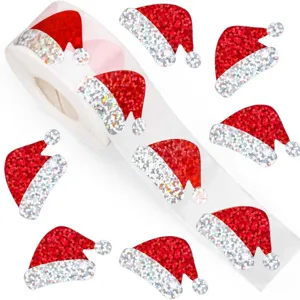 Christmas Santa hat holographic glitter stickers roll for holiday gift sealing and packaging decor.