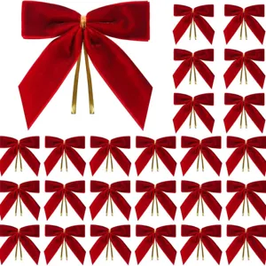 Red velvet bows detail display showing texture and size for Christmas tree and gift box decor.