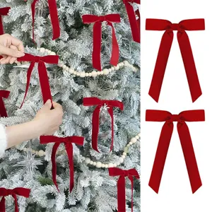 Velvet Bow Christmas Tree Hanging Ornaments Flocked Ribbon For Gift Box Wrapping Wedding Party Holiday Decor