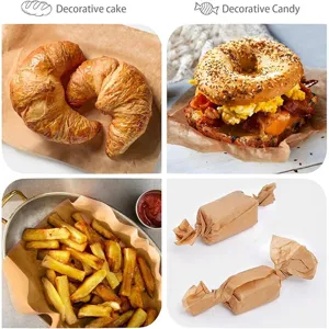 Greaseproof paper sheet detail showing food wrapping for burgers, fries, and pastries clearly.