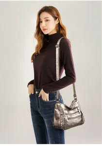 Women soft leather multi-zipper shoulder crossbody bag casual everyday messenger handbag.