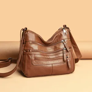Brown soft leather women crossbody bag multi-zipper shoulder bag casual daily ladies handbag.