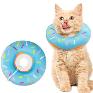 Cute donut shape cat recovery collar soft pet cone close-up detail design for post surgery.