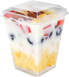gobelets à dessert carrés en plastique transparent 150ml avec couvercle pour fête