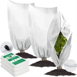 Plant cover for winter frost protection, non-woven tree freeze protector with zipper and drawstring.