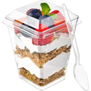 Gobelet dessert plastique transparent jetable 150ml tasse à gâteau mousse carrée avec cuillère