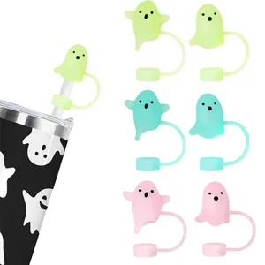 Halloween Ghost Silicone Straw Cover Luminous Dust Plug Reusable Straw Cap Accessory For Stanley Cup Drinkware
