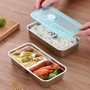 Vue détaillée de la boîte à bento en acier inoxydable avec compartiments pour aliments frais.