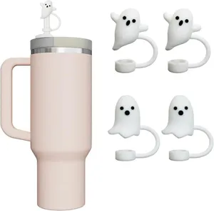 Couvercles paille silicone fantôme Halloween pour pailles 10mm avec gobelet rose, réutilisables.