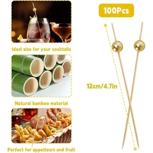 100pcs 12cm bamboo cocktail picks with golden beads disposable fruit toothpicks for party food